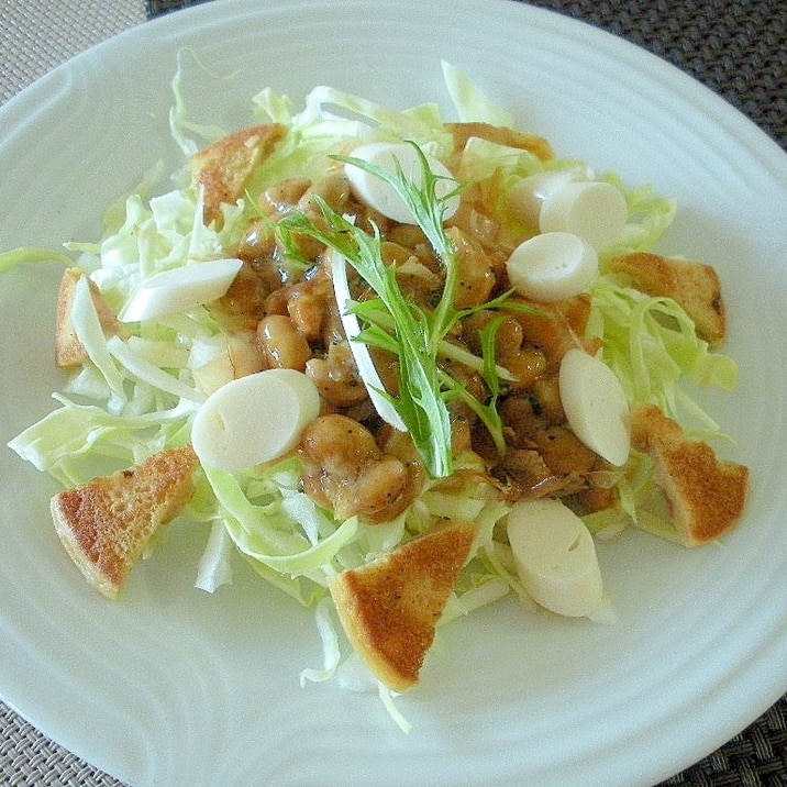 納豆とキャベツの大豆粉パンケーキ入りサラダ♪
